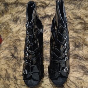 Pleaser Black Patent Heeled Boots with Buckles